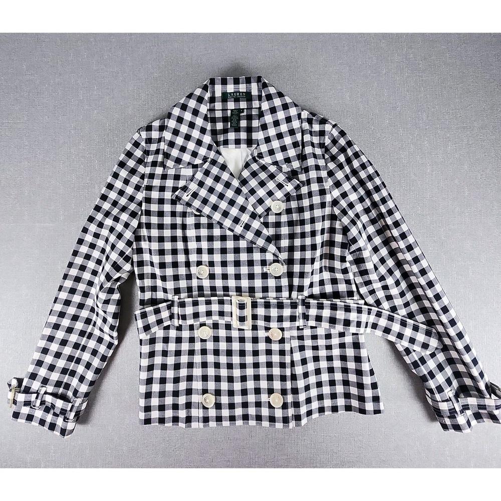 NWOT Ralph Lauren Womens Med Black White Gingham Double Breasted Belted Jacket